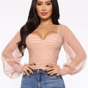 Fashion Nova Blush Ruched Blouse with Sheer Sleeves